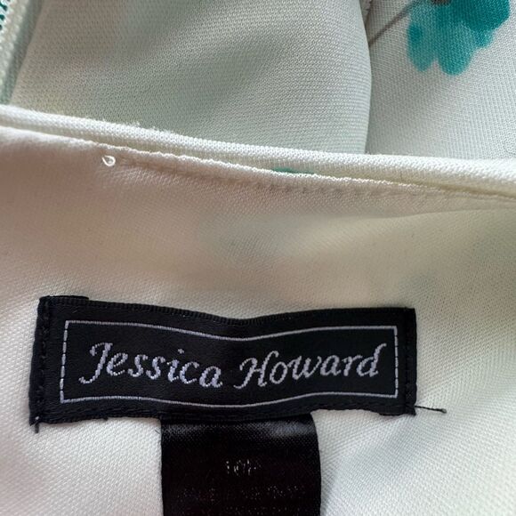 Jessica Howard White Teal Floral Fit Flare Dress 10P - Picture 8 of 9